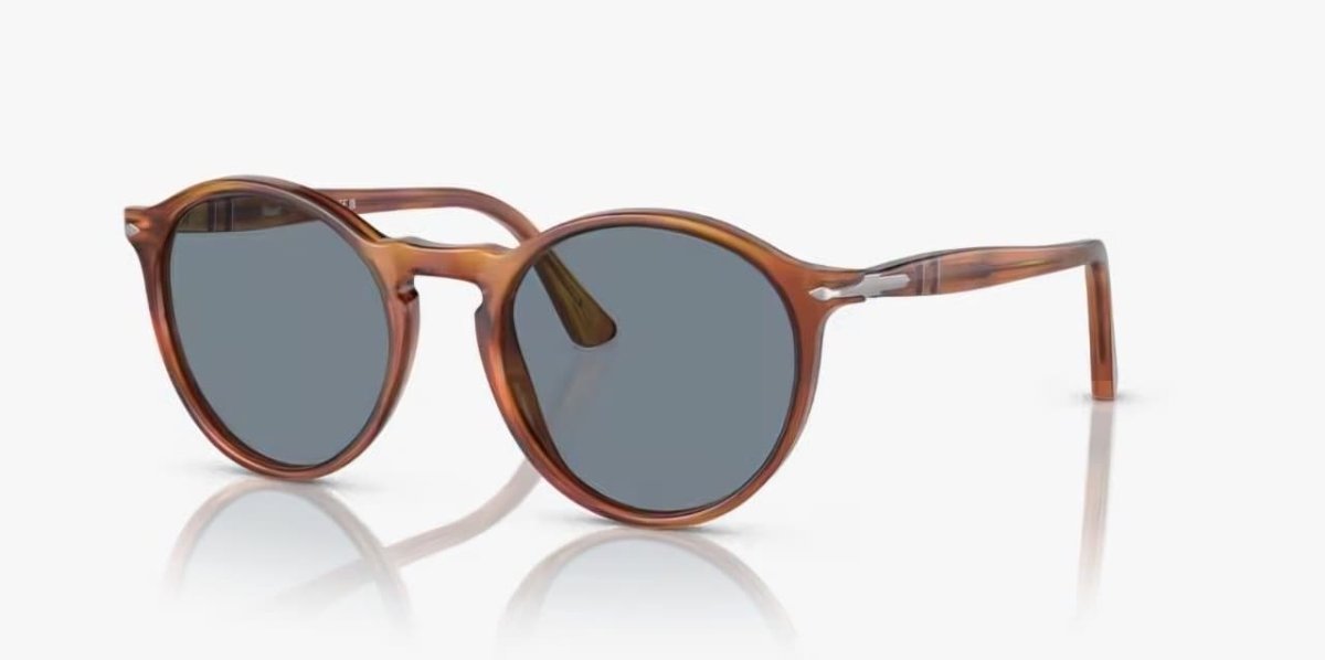 Óculos Solar PERSOL 3285-S (TERRA DI SIENA) 52-19 96/56 (Acetato Marrom Translúcido e Prata/Lentes Cristal Azul Claro Antirreflexo Interno)