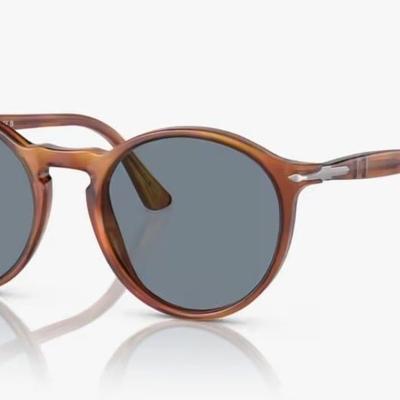 Óculos Solar PERSOL 3285-S (TERRA DI SIENA) 52-19 96/56 (Acetato Marrom Translúcido e Prata/Lentes Cristal Azul Claro Antirreflexo Interno)