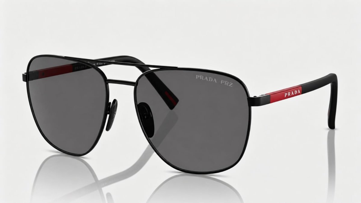 Óculos Solar PRADA LINEA ROSSA SPS 54Z 60-17 1BO-02G (Metal Preto Fosco com Hastes Emborrachadas em Preto e Vermelho/Lentes Polarizadas Cinza)