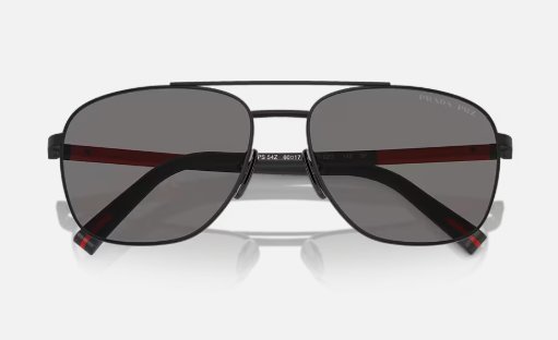 Óculos Solar PRADA LINEA ROSSA SPS 54Z 60-17 1BO-02G (Metal Preto Fosco com Hastes Emborrachadas em Preto e Vermelho/Lentes Polarizadas Cinza)