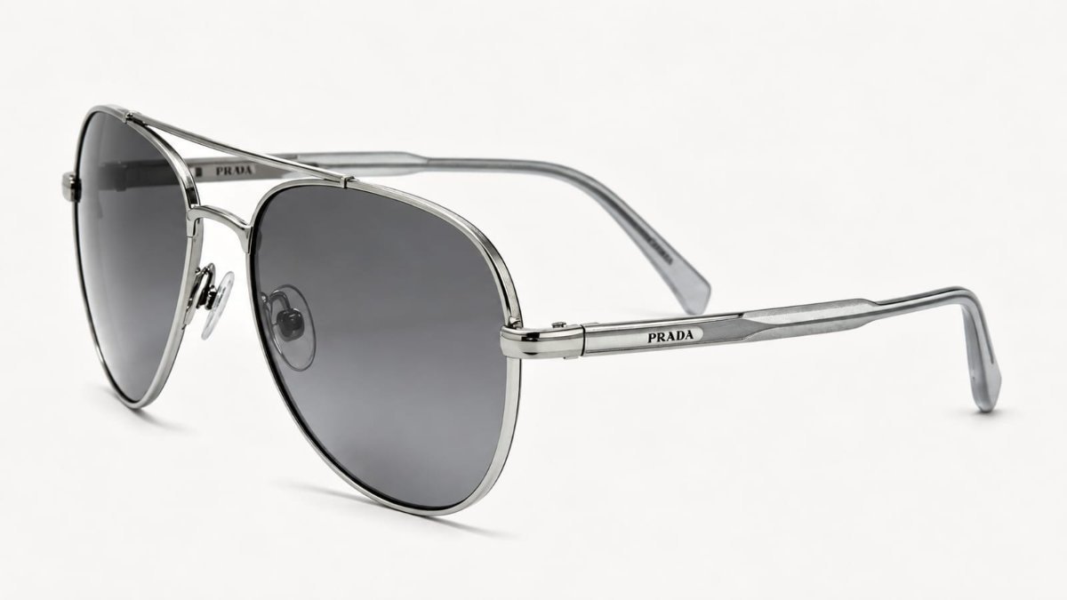 Óculos Solar PRADA SPR A58 58-14 1BC-175 (Armação Metal Prata com Hastes em Acetato Incolor/Lentes Cinza Espelhado Prata)