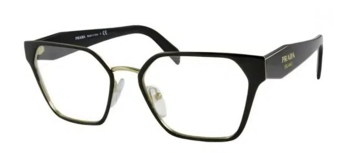 Óculos Receituário PRADA VPR 63W 53-18 1AB-1O1 (Armação Metal Preto Frontal e Dourado Interno e na Ponte/Hastes em Acetato Preto)