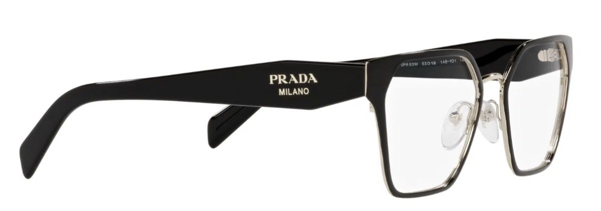 Óculos Receituário PRADA VPR 63W 53-18 1AB-1O1 (Armação Metal Preto Frontal e Dourado Interno e na Ponte/Hastes em Acetato Preto)
