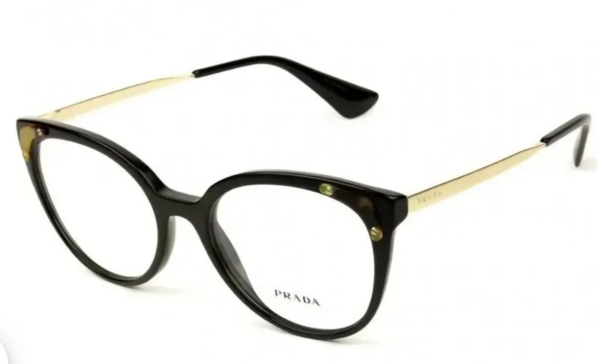 Óculos Receituário PRADA VPR 12U 53-18 1AB-1O1 (Acetato Preto Brilhante com Apliques Marrom Mesclado/Hastes Metal Dourado)