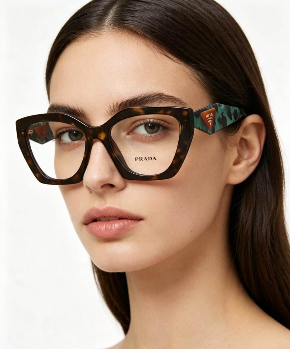 Óculos Receituário PRADA VPR 09Y 54-18 2AU-1O1 (Acetato Frontal Marrom Tartaruga/Hastes Verde Mescladas com Preto e Logo Prada Triangular em Marrom)